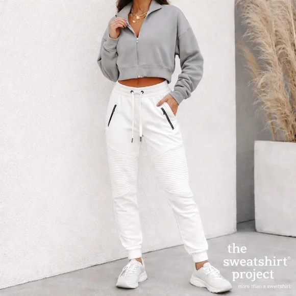 The Sweatshirt Project White Moto Joggers | Quilted Panels NWT M Zip Pockets - Picture 5 of 6